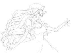 Rule 34 | 1girl, absurdres, bow, breasts, cleavage, dress, elbow gloves, hand fan, folding fan, gloves, greyscale, hair bow, hat, hat ribbon, highres, large breasts, lineart, lips, long hair, monochrome, ribbon, narrow waist, solo, touhou, very long hair, yagami (mukage), yakumo yukari