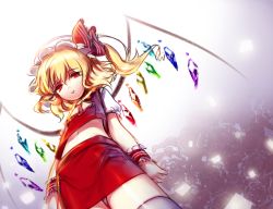 Rule 34 | 1girl, bad id, bad pixiv id, blonde hair, flandre scarlet, from below, hat, midriff, navel, red eyes, red skirt, short hair, side ponytail, skirt, solo, tanjel, thighhighs, touhou, wings, wrist cuffs