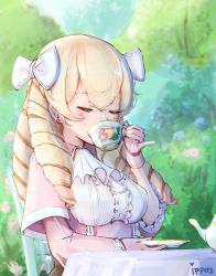 Rule 34 | 1girl, blonde hair, bow, bra visible through clothes, cup, dress, drill hair, drinking, closed eyes, fire emblem, fire emblem awakening, fire emblem heroes, gloves, hair bow, highres, maribelle (fire emblem), nintendo, outdoors, sitting, solo, tea set, teacup, teapot, twin drills