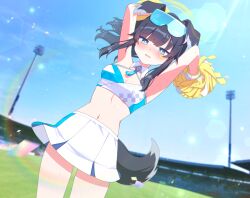 Rule 34 | 1girl, aamana0, absurdres, animal ears, arms up, black hair, blue archive, blue eyes, blue sky, bracelet, breasts, bright pupils, character name, cheerleader, cleavage, criss-cross halter, dog ears, dog tail, eyewear on head, facial mark, glasses, grass, halterneck, hibiki (blue archive), hibiki (cheer squad) (blue archive), highres, jewelry, long hair, medium breasts, millennium cheerleader outfit (blue archive), navel, parted lips, pom pom (cheerleading), skirt, sky, solo, stadium, star (symbol), star facial mark, tail, white pupils, white skirt