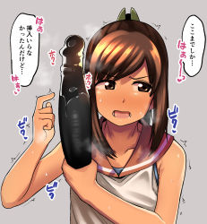 Rule 34 | 1girl, blush, brown eyes, brown hair, commentary request, dildo, grey background, highres, holding, holding sex toy, huge dildo, i-401 (kancolle), kaauchi, kantai collection, open mouth, orange sailor collar, pointing, ponytail, sailor collar, sex toy, simple background, sleeveless, solo, speech bubble, swimsuit, swimsuit under clothes, translation request, trembling, upper body