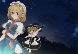 Rule 34 | 2girls, :d, alice margatroid, aoi (annbi), arm up, blonde hair, blue eyes, blush, bow, breasts, broom, capelet, curiosities of lotus asia, female focus, fingerless gloves, gloves, hairband, hat, hat bow, holding, kirisame marisa, multiple girls, night, night sky, open mouth, sky, smile, touhou, witch hat, wrist cuffs, yellow eyes