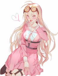 Rule 34 | 1girl, antenna hair, barbed wire, blonde hair, blue eyes, blush, bow, bowtie, breasts, choker, danganronpa (series), danganronpa v3: killing harmony, goggles, goggles on head, grey background, hair between eyes, hand up, heart, highres, iruma miu, kkochmeli, large breasts, long hair, long sleeves, o-ring, open mouth, school uniform, shirt, simple background, sitting, skirt, smile, tears, tongue, tongue out, white bow, white bowtie