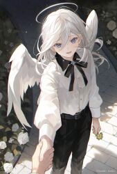 Rule 34 | 2boys, :d, arm at side, black pants, black ribbon, blue eyes, blush, brick floor, buttons, clover, collared shirt, day, dot nose, feathered wings, feet out of frame, flower, formal, four-leaf clover, garden, hair between eyes, halo, highres, holding, holding hands, holding plant, long hair, looking at viewer, male focus, multiple boys, namiki itsuki, neck ribbon, open mouth, original, out of frame, outdoors, outstretched arm, pants, plant, pov, pov hands, ribbon, shadow, shirt, shirt tucked in, smile, solo focus, twitter username, white flower, white hair, white shirt, white wings, wings