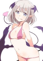 Rule 34 | 1girl, bad id, bad pixiv id, bare arms, bare shoulders, bikini, black wings, blue eyes, bow, breasts, closed mouth, collarbone, demon girl, demon horns, demon tail, demon wings, enelis, eyebrows hidden by hair, grey hair, groin, horns, idolmaster, idolmaster shiny colors, leaning forward, licking lips, light smile, looking at viewer, lowleg, lowleg bikini, navel, pink bikini, pointy ears, serizawa asahi, simple background, small breasts, solo, swimsuit, tail, tail raised, tongue, tongue out, white background, wings