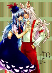 Rule 34 | 2girls, bad id, bad pixiv id, blue hair, bow, dress, female focus, fujiwara no mokou, hair bow, hand in pocket, hand on another&#039;s chest, hand on own hip, hat, hip focus, kamishirasawa keine, long hair, looking at viewer, multiple girls, naiya, pants, silver hair, striped, striped background, suspenders, touhou