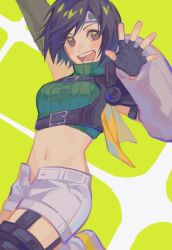 Rule 34 | 1girl, arm up, black gloves, black hair, breasts, brown eyes, commentary request, cropped sweater, detached sleeves, final fantasy, final fantasy vii, final fantasy vii remake, fingerless gloves, gloves, green sweater, hand up, hao xiang yishui bu xing, headband, highres, looking at viewer, medium breasts, midriff, navel, open fly, open hand, open mouth, short hair, shorts, single detached sleeve, single shoulder pad, sleeveless, sleeveless turtleneck, solo, sweater, turtleneck, turtleneck sweater, yuffie kisaragi