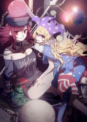Rule 34 | 2girls, american flag dress, american flag legwear, ass, bad id, bad twitter id, bare shoulders, black shirt, blonde hair, breasts, chain, cleavage, clothes writing, clownpiece, collar, dress, earth (ornament), fairy wings, fire, hat, hecatia lapislazuli, highres, jester cap, lens flare, long hair, looking at viewer, medium breasts, miniskirt, moon (ornament), multiple girls, neck ruff, no-kan, open mouth, pantyhose, parted lips, polka dot, purple eyes, red eyes, red hair, shirt, short dress, short sleeves, sitting, skirt, smile, star (symbol), star print, striped clothes, striped pantyhose, t-shirt, torch, touhou, very long hair, wings