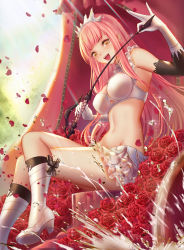 Rule 34 | 1girl, boots, bow, breasts, bustier, chariot, chococuco, elbow gloves, fate/grand order, fate (series), flower, frilled skirt, frilled sleeves, frills, gloves, happy, high heel boots, high heels, highres, holding, holding whip, crossed legs, long hair, medb (fate), medb (fate), medium breasts, miniskirt, open mouth, petals, pink hair, revealing clothes, riding crop, rose, rose petals, sitting, skirt, solo, splashing, tiara, water, water drop, whip, white gloves, white skirt, yellow eyes