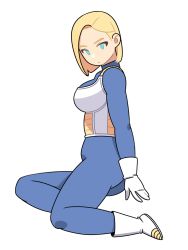 Rule 34 | 1girl, android 18, armor, blonde hair, blue eyes, bodysuit, boots, dragon ball, dragonball z, gloves, highres, hochihochiha