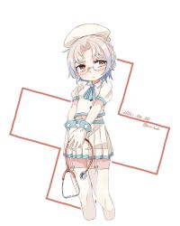 Rule 34 | 1girl, alakoala, alternate costume, brown eyes, commentary request, cowboy shot, garter straps, glasses, gloves, grey hair, hat, highres, hirato (kancolle), kantai collection, looking to the side, nurse, nurse cap, one-hour drawing challenge, pleated skirt, shirt, short hair, skirt, solo, stethoscope, thighhighs, wavy hair, white background, white gloves, white shirt, white skirt, white thighhighs