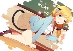 Rule 34 | 10s, 1girl, 2016, :d, all fours, animal ears, bare legs, bare shoulders, between fingers, blonde hair, blue jacket, blush, board eraser, bow, bowtie, brown footwear, brown skirt, buttons, cat ears, cat tail, chalkboard, classroom, drawing, dutch angle, earrings, ellen baker, english text, engrish text, fang, from side, full body, green eyes, hair ornament, hair scrunchie, holding, indoors, jacket, jewelry, kemonomimi mode, loafers, long sleeves, looking at viewer, looking to the side, low ponytail, new horizon, open clothes, open jacket, open mouth, ranguage, ring, rizky (strated), school, scrunchie, shirt, shoes, skirt, smile, solo, stud earrings, tail, teacher, text focus, translated, unbuttoned, wedding ring, white bow, white bowtie, white shirt
