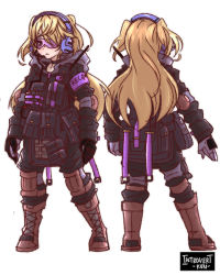 Rule 34 | 1girl, alternate costume, backpack, bag, bespectacled, black gloves, blonde hair, boots, bulletproof vest, chibi, choker, combat boots, fischl (genshin impact), from behind, full body, genshin impact, glasses, gloves, green eyes, headset, highres, introvert-kun, long hair, looking at viewer, sidelocks, simple background, solo, tactical clothes, two side up