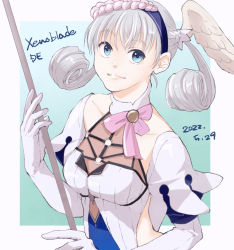 Rule 34 | 1girl, blue eyes, braid, breasts, commentary, crown braid, curly hair, dated, head wings, juliet sleeves, long sleeves, looking at viewer, medium breasts, melia antiqua, puffy sleeves, s565656, smile, solo, staff, wings, xenoblade chronicles: future connected, xenoblade chronicles (series), xenoblade chronicles 1