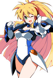 Rule 34 | 1girl, ;d, armor, blonde hair, breastplate, breasts, cleavage, clenched hand, elbow gloves, floating hair, ginga ojou-sama densetsu yuna, gloves, green eyes, green pupils, hair between eyes, kagurazaka yuna, leotard, long hair, looking at viewer, one eye closed, open mouth, outstretched arm, pauldrons, ponytail, shoulder armor, sidelocks, simple background, smile, solo, thigh strap, very long hair, white background, white gloves, youhei 64d