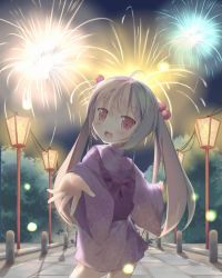 Rule 34 | 1girl, ahoge, bad id, bad pixiv id, beads, blush, bow, firework background, fireworks, hair beads, hair ornament, japanese clothes, kimono, lamppost, long hair, looking at viewer, looking back, open mouth, original, purple bow, purple kimono, red eyes, silver hair, smile, solo, sutorora, twintails