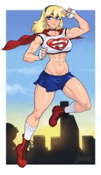Rule 34 | 1girl, abs, blonde hair, blue eyes, boots, building, choker, cityscape, crop top, dc comics, earrings, fingerless gloves, gloves, hairband, highres, jewelry, muscular, muscular female, shardanic, smile, solo, supergirl, toned