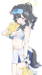 Rule 34 | 1girl, absurdres, animal ears, bare shoulders, black hair, blue archive, blue eyes, blush, breasts, cheerleader, cleavage, crop top, dog ears, dog girl, dog tail, eyewear on head, gloves, goggles, goggles on head, halo, hibiki (blue archive), hibiki (cheer squad) (blue archive), highres, holding, holding pom poms, hufy, long hair, medium breasts, midriff, millennium cheerleader outfit (blue archive), navel, open mouth, pleated skirt, pom pom (cheerleading), pom poms, simple background, skirt, sleeveless, solo, sticker on face, sunglasses, tail, white background
