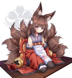 Rule 34 | 1girl, absurdres, amagi-chan (azur lane), animal ears, azur lane, bell, black pantyhose, blunt bangs, brown hair, commentary, english commentary, fox ears, fox girl, fox tail, hair ribbon, head tilt, highres, huge filesize, kitsune, kyuubi, long hair, long sleeves, looking at viewer, multiple tails, nix (lolowatatwarz), pantyhose, purple eyes, ribbon, rope, sakura empire (emblem), seiza, shimenawa, sidelocks, simple background, sitting, sleeves past wrists, solo, tail, thick eyebrows, transparent background, twintails, white background, wide sleeves, wooden floor