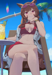Rule 34 | 1girl, alternate costume, animal ears, bare shoulders, beach, bikini, blue sky, bracelet, braided hair rings, breasts, cleavage, cloud, cloudy sky, crossed legs, day, eyewear on head, feet out of frame, from below, gentildonna (umamusume), glass, grin, horse ears, horse girl, horse tail, jacket, jacket partially removed, jewelry, large breasts, lens flare, long hair, mukakin, ocean, on chair, outdoors, palm tree, red bikini, sidelocks, sitting, sky, smile, solo, sunglasses, swimsuit, table, tail, tree, umamusume, water, white jacket