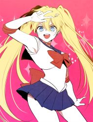 Rule 34 | 1girl, :d, armpits, bad id, bad pixiv id, bishoujo senshi sailor moon, blonde hair, blue eyes, blue sailor collar, blue skirt, blush, bow, breasts, choker, cosplay, cowboy shot, elbow gloves, facial mark, facing viewer, genderswap, genderswap (mtf), gloves, hair between eyes, hair ornament, hand up, happy, large breasts, long hair, looking at viewer, miniskirt, naruko (naruto), naruto, naruto (series), nipye, open mouth, pink background, pleated skirt, red bow, red ribbon, ribbon, sailor collar, sailor moon, sailor moon (cosplay), sailor senshi, sailor senshi uniform, school uniform, serafuku, simple background, skirt, smile, solo, sparkle, standing, teeth, tongue, twintails, uzumaki naruto, v, very long hair, whisker markings, whiskers, white gloves