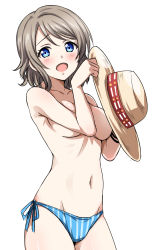 Rule 34 | 10s, 1girl, bikini, bikini bottom only, blue bikini, blue eyes, blush, breasts, brown hair, convenient censoring, covering privates, covering breasts, hat, highres, holding, holding clothes, holding hat, large breasts, light brown hair, looking at viewer, love live!, love live! sunshine!!, medium breasts, navel, open mouth, sankuro (agoitei), short hair, side-tie bikini bottom, simple background, smile, solo, standing, striped, swimsuit, topless, unworn hat, unworn headwear, vertical stripes, watanabe you, white background