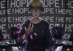 Rule 34 | 1boy, amami rantaro, bullet, collarbone, commentary request, danganronpa (series), danganronpa v3: killing harmony, ear piercing, green hair, grey shirt, hair between eyes, jewelry, looking at viewer, male focus, necklace, open mouth, piercing, pink eyes, revision, shirt, short hair, solo, spoilers, standing, striped clothes, striped shirt, teeth, upper teeth only, uwro