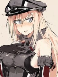 Rule 34 | 10s, 1girl, bad id, bad twitter id, bare shoulders, bismarck (kancolle), black gloves, blonde hair, blue eyes, detached sleeves, gloves, hand on own chest, hat, kantai collection, long hair, looking away, military, military uniform, ohashi (hashidate), peaked cap, smile, solo, uniform