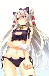 Rule 34 | 1girl, 3:, absurdres, amatsukaze (kancolle), bare shoulders, bell, black bra, black panties, blush, bra, breasts, brown eyes, cat cutout, cat ear panties, cat lingerie, choker, cleavage cutout, closed mouth, clothing cutout, collarbone, gloves, hat, heart, highres, jingle bell, kantai collection, long hair, looking away, meme attire, navel, neck bell, panties, scan, side-tie panties, silver hair, simple background, single glove, small breasts, solo, stomach, two side up, underwear, underwear only, v-shaped eyebrows, white background, white gloves, yahako