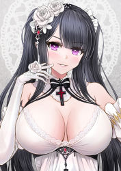 Rule 34 | 1girl, azur lane, black hair, breasts, cleavage, detached collar, dress, elbow gloves, flower, gloves, hair flower, hair ornament, highres, lace, lace-trimmed dress, lace trim, large breasts, lingerie, long hair, looking at viewer, negligee, official alternate costume, peter strasser (azur lane), peter strasser (a moment frozen in pure white) (azur lane), purple eyes, rose, sai-go, see-through, see-through dress, simple background, sleepwear, smile, solo, strapless, strapless dress, underwear, upper body, white dress, white flower, white gloves, white negligee, white rose