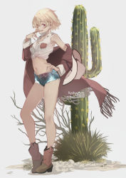 Rule 34 | 1girl, :d, artist name, bare legs, blonde hair, blue shorts, blush, boots, breasts, brown eyes, brown footwear, brown jacket, cactus, collarbone, collared shirt, cowboy boots, cowboy hat, denim, denim shorts, finger to mouth, fringe trim, full body, hand on own hip, hat, jacket, kanojo okarishimasu, knee boots, long sleeves, looking at viewer, medium breasts, nanami mami, navel, off shoulder, open clothes, open jacket, open mouth, shirt, short hair, short shorts, shorts, simple background, smile, solo, standing, stomach, sydus, tied shirt, unworn headwear, white background, white hat, white shirt