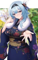 Rule 34 | 1girl, absurdres, alternate costume, blue hair, blue kimono, blurry, blurry background, blush, breasts, commentary request, cowboy shot, eula (genshin impact), floral print, genshin impact, hair ornament, head tilt, highres, japanese clothes, kimono, kirima (user danf8787), large breasts, looking at viewer, medium hair, obi, obiage, obijime, playing with own hair, reaching, reaching towards viewer, sash, sidelocks, solo, yellow eyes
