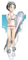 Rule 34 | 1girl, adapted costume, bikini, black hair, blue sky, boots, brown eyes, cloud, collarbone, dated, diving mask, diving mask on head, fins, goggles, goggles on head, kantai collection, looking to the side, maru-yu (kancolle), navel, parted bangs, sakura (medilore), short hair, sky, solo, sports bikini, standing, swimsuit, thick eyebrows, torpedo, twitter username, white background, white bikini