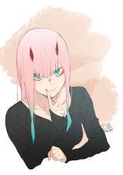 Rule 34 | 1girl, aqua eyes, black shirt, blue hair, closed mouth, collarbone, cropped torso, darling in the franxx, gradient hair, highres, horns, index finger raised, long hair, long sleeves, looking at viewer, makeup, mascara, multicolored hair, nail polish, nakoya (nane cat), pink hair, red nails, shirt, signature, sketch, sleeves past wrists, smile, solo, straight hair, twitter username, upper body, zero two (darling in the franxx)