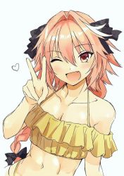 Rule 34 | 1boy, ;d, astolfo (fate), bare shoulders, bikini, black bow, blush, bow, braid, collarbone, commentary request, crop top, fang, fate/apocrypha, fate (series), frilled shirt, frills, hair between eyes, hair bow, hair intakes, halterneck, hand up, heart, highleg, long hair, looking at viewer, male focus, multicolored hair, navel, off-shoulder bikini, off shoulder, one eye closed, open mouth, pink hair, purple eyes, shirt, short sleeves, simple background, single braid, sketch, smile, solo, spaghetti strap, stomach, streaked hair, swimsuit, toned, toned male, trap, two-tone hair, upper body, v, white background, white hair
