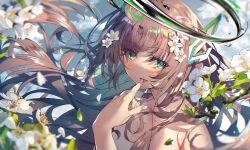 Rule 34 | 1girl, angel, blurry, blush, brown hair, dark halo, depth of field, floating hair, flower, green eyes, hair ornament, half-closed eyes, halo, heaven&#039;s melody, highres, licking, licking finger, looking at viewer, official art, official wallpaper, original, petals, sky, tongue