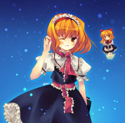 Rule 34 | 1girl, ;d, alice margatroid, apron, black dress, blonde hair, capelet, collar, doll, dress, female focus, flying, frills, hairband, looking at viewer, one eye closed, open mouth, orange eyes, puffy short sleeves, puffy sleeves, shanghai doll, shinia, short hair, short sleeves, size difference, smile, solo, touhou, waist apron