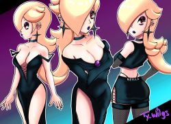 Rule 34 | 1girl, alternate costume, artist name, ass, blonde hair, breasts, cleavage, crossed arms, dress, eyeshadow, goth fashion, hair over one eye, hand on own hip, highres, large breasts, legs, lipstick, long hair, looking at viewer, looking back, makeup, mario (series), nintendo, pelvic curtain, red eyes, rosalina, sideboob, skirt, solo, super mario galaxy, thighs, thong, ty wilgs