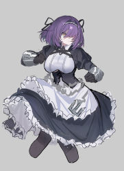 Rule 34 | 1girl, apron, azur lane, black gloves, black pantyhose, bow, breasts, dress, echj, eyes visible through hair, fighting stance, gauntlets, gloucester (azur lane), gloves, grey background, hair between eyes, hair bow, hair over one eye, hairband, highres, large breasts, looking away, maid, maid apron, necktie, pantyhose, purple hair, serious, short hair, simple background, solo, thighhighs, yellow eyes