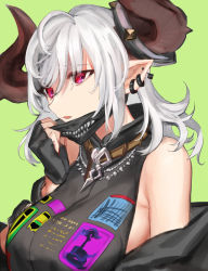 Rule 34 | 1girl, belt, black gloves, black jacket, black shirt, breasts, brown horns, draph, ear piercing, fingerless gloves, gloves, granblue fantasy, green background, grey hair, highres, horns, jacket, large breasts, looking at viewer, mask, mouth mask, nail polish, off shoulder, open mouth, piercing, pointy ears, red eyes, red nails, shirt, sideboob, simple background, sleeveless, sleeveless shirt, solo, tristette (granblue fantasy), turtleneck, yuntae