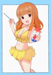 Rule 34 | 1girl, bikini, bikini skirt, blue border, blunt bangs, border, breasts, brown eyes, commentary, cowboy shot, cup, food, girls und panzer, groin, halterneck, holding, holding cup, holding spoon, long hair, looking at viewer, medium breasts, navel, open mouth, orange hair, outside border, shaved ice, smile, solo, spoon, standing, swimsuit, takebe saori, tanuki noyama, yellow bikini