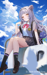 Rule 34 | 1girl, alternate costume, amagasa yun, arched bangs, backpack, bag, black bag, black skirt, black socks, blue sky, brown footwear, cloud, collared shirt, commentary request, copyright notice, cumulonimbus cloud, day, grey hair, grey jacket, hair bun, hairband, hand up, highres, hololive, jacket, knees together feet apart, loafers, long hair, looking at viewer, messy hair, miniskirt, motion blur, murasaki shion, neck ribbon, official art, one side up, pink ribbon, pleated skirt, ribbon, rooftop, school uniform, shirt, shirt tucked in, shoes, short sleeves, side up bun, sidelocks, sitting, skirt, sky, smile, socks, solo, virtual youtuber, white shirt, yellow eyes