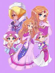 Rule 34 | 1girl, absurdres, belt, blonde hair, blue eyes, dress, earrings, elbow gloves, frown, gloves, headdress, highres, instrument, jewelry, long hair, multiple persona, multiple views, nin10ja, nintendo, ocarina, open mouth, pink background, pointy ears, princess zelda, red eyes, sheik, smile, solo, the legend of zelda, the legend of zelda: ocarina of time, tiara, turban, young zelda
