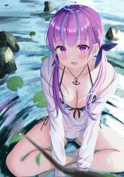 Rule 34 | 1girl, :o, absurdres, anchor necklace, bikini, bikini under clothes, blue hair, blush, breasts, cleavage, halterneck, highres, hololive, indian style, jewelry, lily pad, long hair, long sleeves, looking at viewer, medium breasts, minato aqua, necklace, on water, open mouth, outdoors, purple eyes, purple hair, sakuramx, side-tie bikini bottom, sitting, smile, solo, striped bikini, striped clothes, swimsuit, swimsuit under clothes, twintails, virtual youtuber