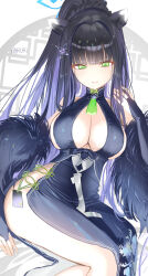 Rule 34 | 1girl, animal ears, artist name, black dress, black hair, blue archive, blush, breasts, bridal gauntlets, china dress, chinese clothes, cleavage, commentary, dress, feet out of frame, halo, haruri, highres, large breasts, looking at viewer, multicolored hair, purple hair, raccoon ears, shun (blue archive), sideboob, smile, solo, two-tone hair