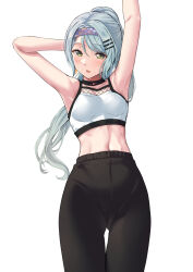 Rule 34 | 1girl, absurdres, alternate hairstyle, aqua hair, arm behind head, armpits, arms up, bang dream!, bare arms, bare shoulders, black choker, black pants, blush, breasts, choker, commentary, cowboy shot, crop top, fishnet top, fishnets, green eyes, hair between eyes, hair ornament, hairband, hairclip, high-waist pants, highres, hikawa sayo, long hair, looking ahead, medium breasts, midriff, navel, outstretched arm, pants, ponytail, ptal, purple hairband, shirt, simple background, sleeveless, sleeveless shirt, solo, standing, stomach, sweat, swept bangs, symbol-only commentary, white background, white shirt