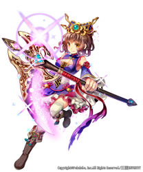 Rule 34 | 1girl, bad id, bad pixiv id, bell, boots, breasts, brown footwear, brown hair, cleavage, cleavage cutout, clothing cutout, company name, copyright name, cross, detached sleeves, dress, eyebrows, flower, frilled dress, frills, full body, glowing, glowing weapon, hat, heart, holding, holding weapon, leg up, looking at viewer, official art, pbj (gelgelpbj), purple dress, sangoku infinity, scythe, short hair, simple background, smile, solo, sparkle, thighhighs, weapon, white background, white thighhighs, yellow eyes