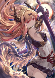 Rule 34 | 1girl, back, bad id, bad pixiv id, bare shoulders, blush, breasts, dark angel olivia, gloves, granblue fantasy, hair between eyes, highres, holding, long hair, looking at viewer, milli little, sleeveless, smile, solo, star (sky)