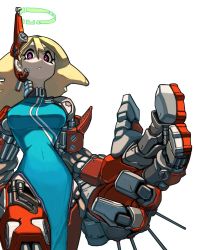Rule 34 | 1girl, blonde hair, breasts, china dress, chinese clothes, cyborg, dress, hair between eyes, halo, highres, joints, koutetu yarou, large breasts, long hair, looking at viewer, original, oversized forearms, oversized limbs, purple eyes, robot joints, science fiction, solo, white background