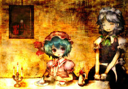 Rule 34 | 2girls, :o, ^ ^, ^o^, alucard (hellsing), blue dress, blush, bow, bowtie, candle, candlestand, closed eyes, crossover, cup, dress, green bow, green bowtie, hellsing, indoors, izayoi sakuya, looking at another, looking to the side, maid, maid headdress, multiple girls, mystia lorelei, own hands together, photo (object), puffy short sleeves, puffy sleeves, remilia scarlet, short sleeves, table, teacup, teapot, touhou, v arms, vampire, wax